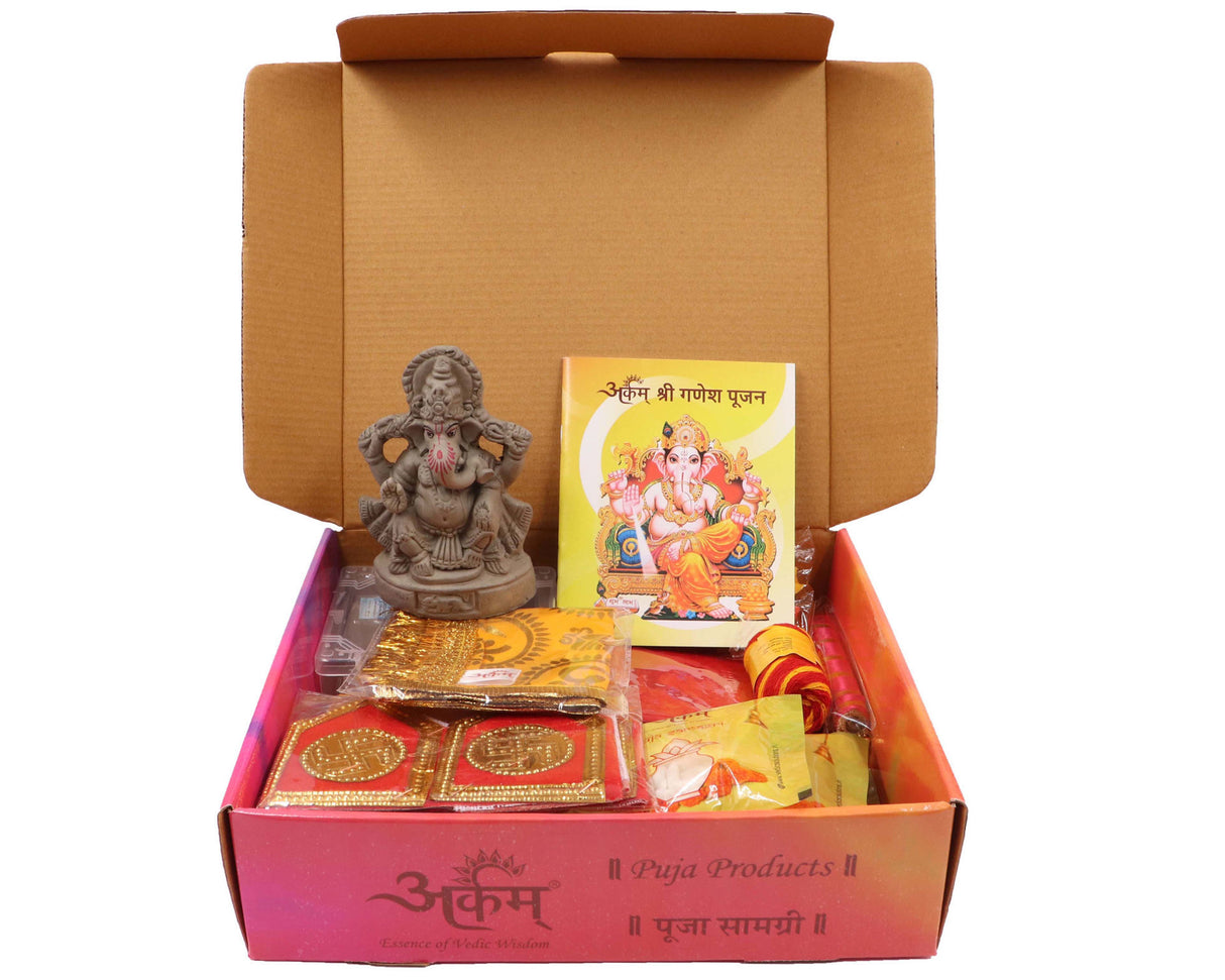 Arkam Ganesh Puja Samagri Kit for Ganesh Pujan with Mitti ke Ganesha/Ganpati Pujan/Ganesh Chaturthi Puja/Ganesh Utsav (35+ Items) with Detailed Puja Vidhi in Hindi - Retail Maharaj