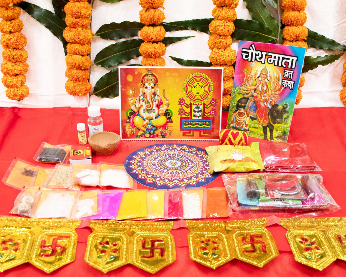 ARKAM Chauth Puja Samagri Kit/Chauth Mata Pooja Kit/Ganesh Chauth Puja Kit/Maasik Chauth Puja Kit with Nav Shringar Saman (35+ Items) and Katha and Puja Vidhi - Retail Maharaj