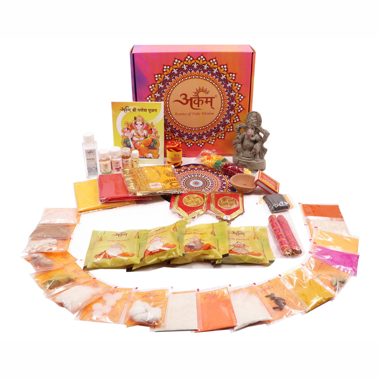 Arkam Ganesh Puja Samagri Kit for Ganesh Pujan with Mitti ke Ganesha/Ganpati Pujan/Ganesh Chaturthi Puja/Ganesh Utsav (35+ Items) with Detailed Puja Vidhi in Hindi - Retail Maharaj