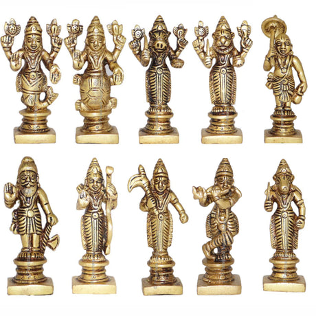 Arkam Brass Dashavatar Murti / Dash Avatar Idol / Pital Das Avatar Statue (Set of 10) - Antique Brass For Home / Temple / Office (Height: 9 cm, Weight: 1250 gms) - Retail Maharaj