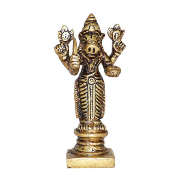 Arkam Brass Varah Murti / Varaha Idol / Pital Vishnu Varah Avatar Statue - Antique Brass For Home / Temple / Office (Height: 8 cm, Weight: 130 gms) - Retail Maharaj