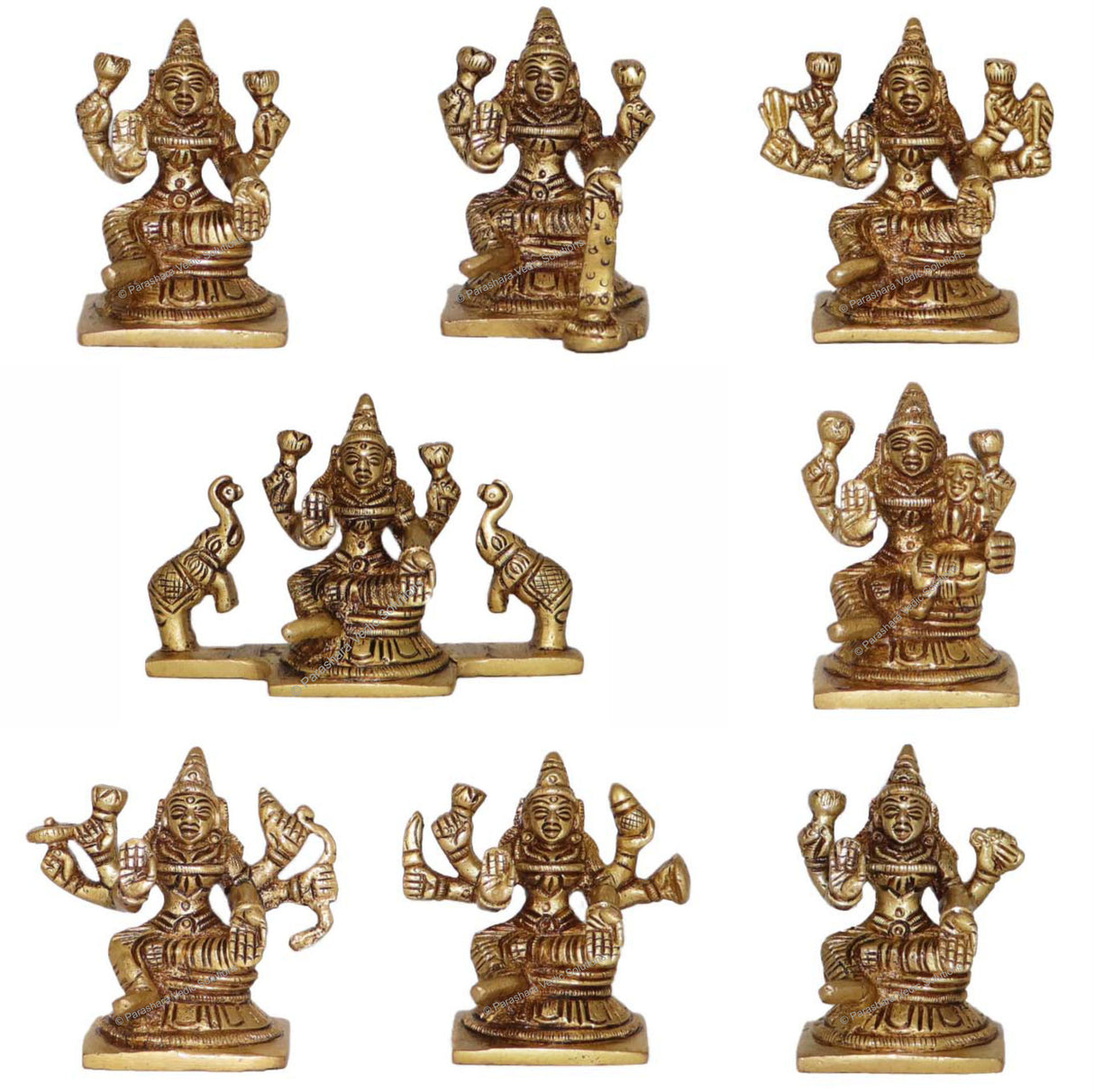 Arkam Brass Ashthalakshmi Murti / Asht Laxmi Idol / Pital Asht Lakshmi Statue (Set of 8) - Antique Brass For Home / Temple / Office (Height: 6.5 cm, Weight: 1700 gms) - Retail Maharaj