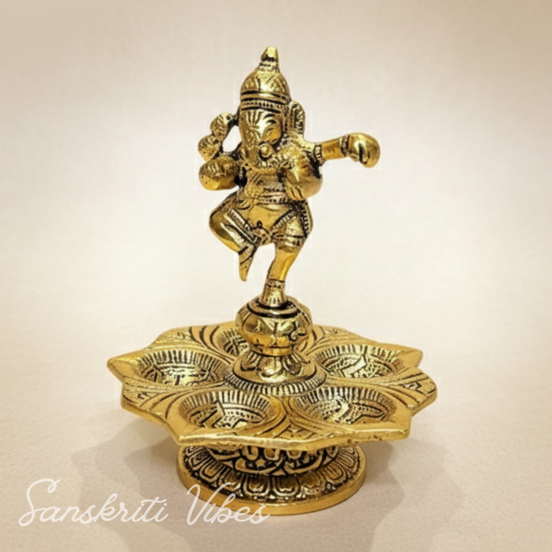 Metal Panch Mukhi Diya Gold Plated with Dancing Ganesha Idols 5 Batti Diya for Home and Office Pooja Room Decoration - Retail Maharaj