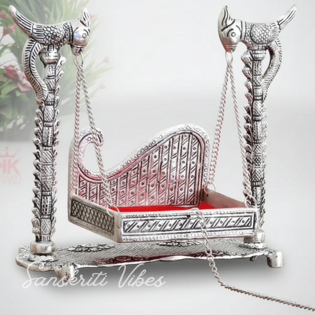 Handcrafted Laddu Gopal Metal Swing Jhula Krishna Hindola Palana Decorative Idol for Temple and Home Pooja Silver Finish by Sanskriti Vibes - Retail Maharaj