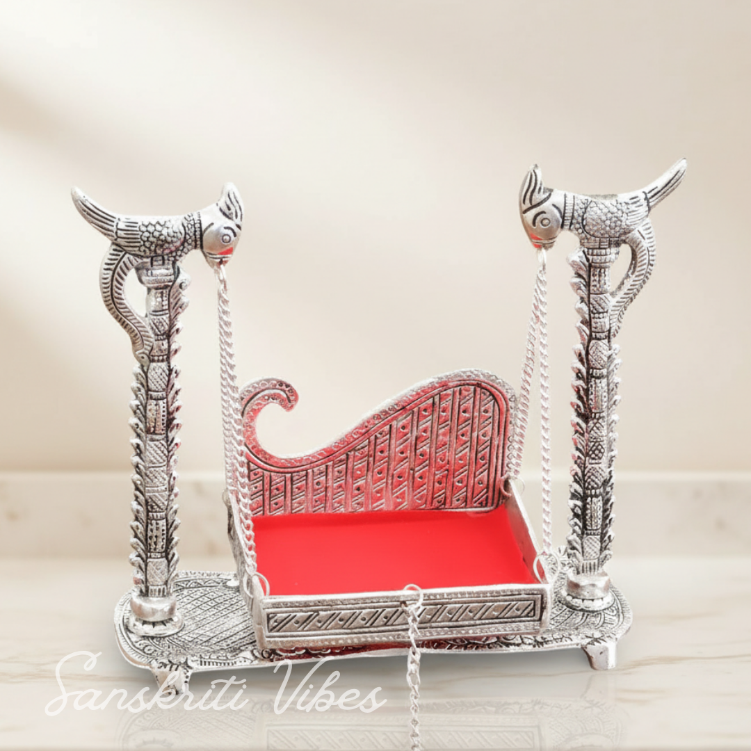 Handcrafted Laddu Gopal Metal Swing Jhula Krishna Hindola Palana Decorative Idol for Temple and Home Pooja Silver Finish by Sanskriti Vibes - Retail Maharaj