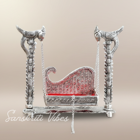 Handcrafted Laddu Gopal Metal Swing Jhula Krishna Hindola Palana Decorative Idol for Temple and Home Pooja Silver Finish by Sanskriti Vibes - Retail Maharaj