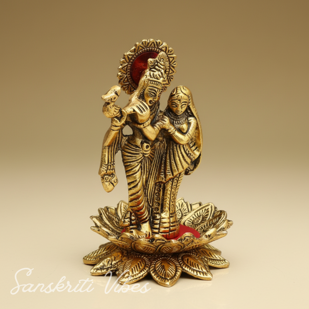 Handcrafted Radha Krishna Standing on Flower Playing Flute Gold Plated Decorative Showpiece 15 cm Aluminium Statue for Home and Pooja by Sanskriti Vibes - Retail Maharaj