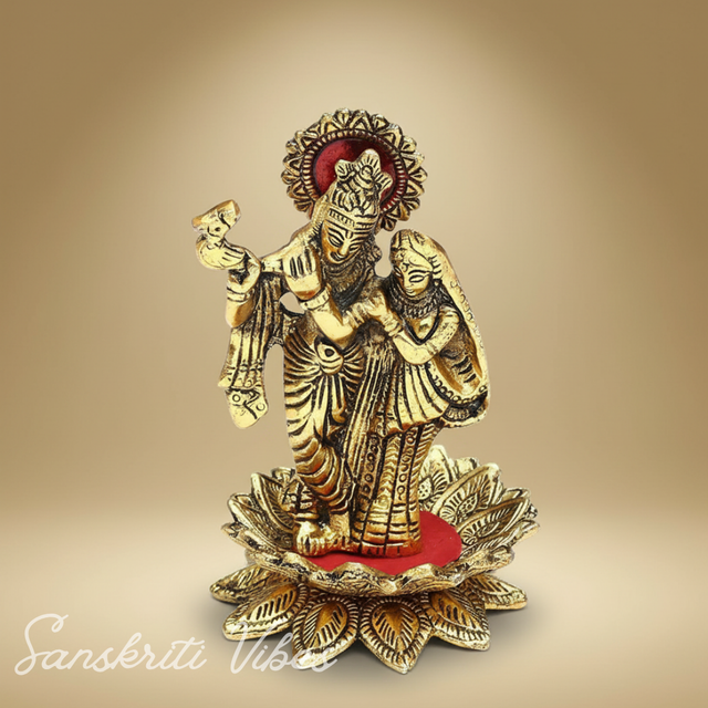 Handcrafted Radha Krishna Standing on Flower Playing Flute Gold Plated Decorative Showpiece 15 cm Aluminium Statue for Home and Pooja by Sanskriti Vibes - Retail Maharaj