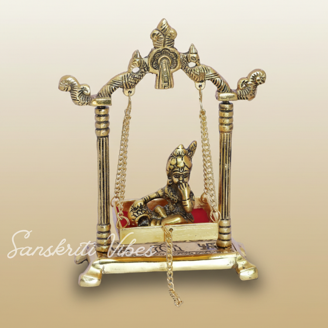Laddu Gopal Jhula Palana Metal Statue – Gold-Plated Krishna Murti for Home & Office Decor, Religious Gift Idol - Retail Maharaj