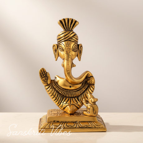 Metal Lord Pagdi Ganesha Reading Ramayana Idol Gold Plated Sitting Statue for Home and Office Decoration - Retail Maharaj