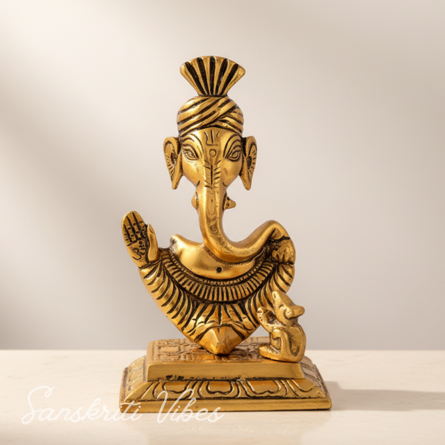 Metal Lord Pagdi Ganesha Reading Ramayana Idol Gold Plated Sitting Statue for Home and Office Decoration - Retail Maharaj