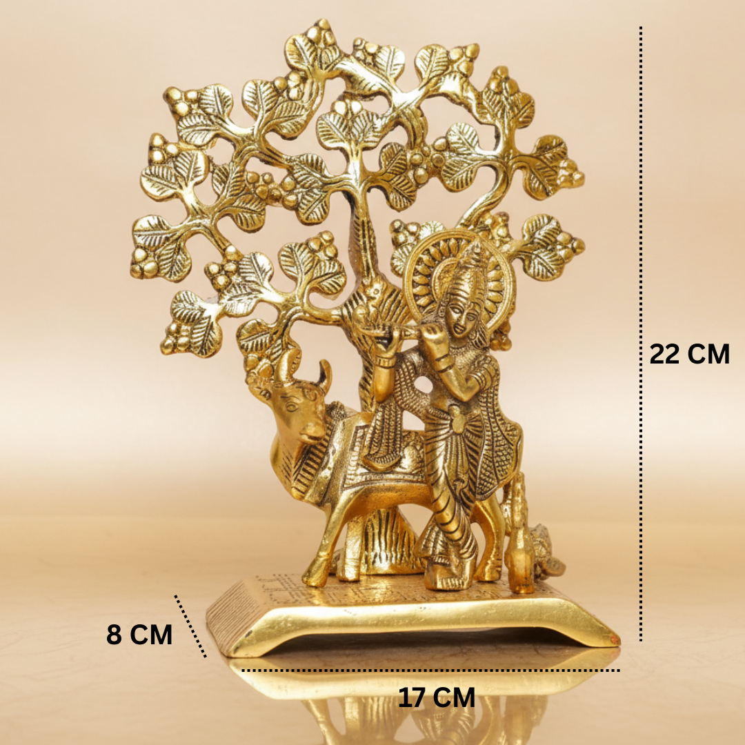 Handcrafted Krishna Playing Flute with Kamdhenu Cow Under Tree Metal Statue for Pooja and Home Decor by Sanskriti Vibes - Retail Maharaj