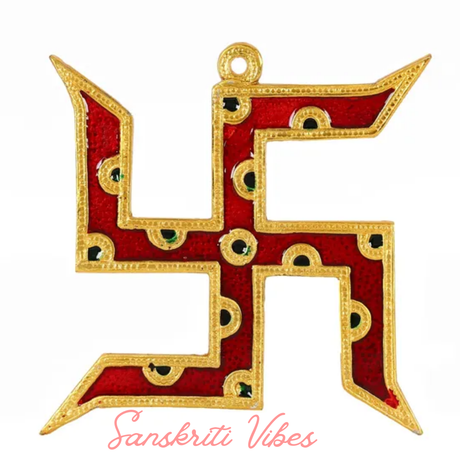 Gold Plated Swastika Wall Hanging with Red Meena Work Decorative Showpiece for Home Decor and Corporate Gift - Retail Maharaj