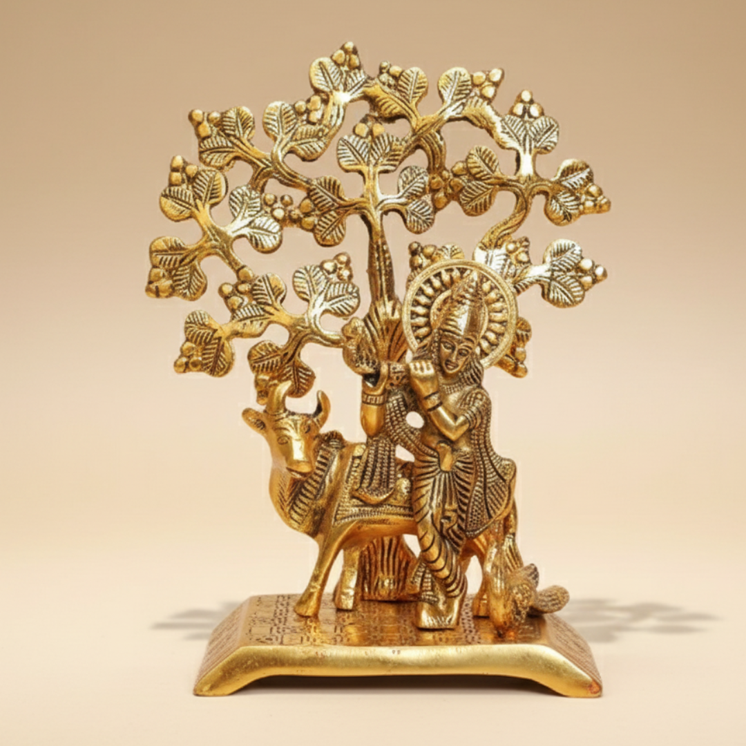 Handcrafted Krishna Playing Flute with Kamdhenu Cow Under Tree Metal Statue for Pooja and Home Decor by Sanskriti Vibes - Retail Maharaj