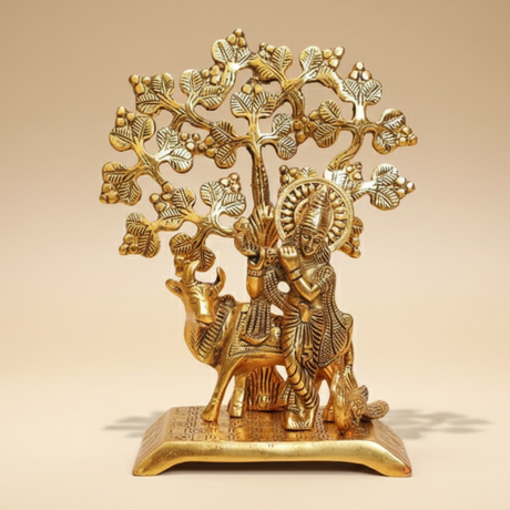 Handcrafted Krishna Playing Flute with Kamdhenu Cow Under Tree Metal Statue for Pooja and Home Decor by Sanskriti Vibes - Retail Maharaj