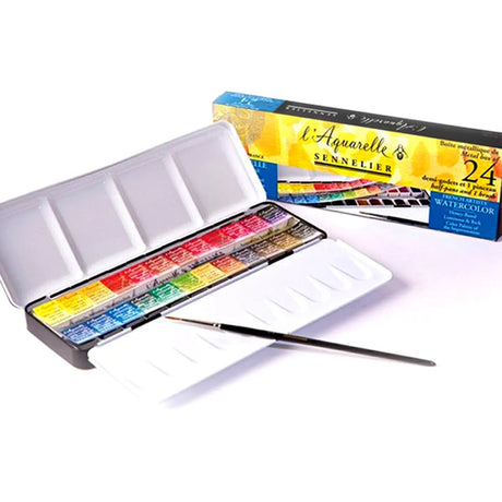 Sennelier L'Aquarelle French Artists Watercolour Set of 24 Half Pans in Metal Box - Retail Maharaj