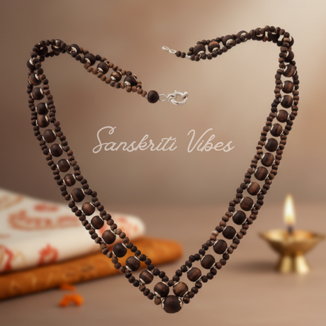 Traditional Chain / Band Pattern Designer Pure Shyama Tulsi Beads Kanthi Mala with Silver Caps – 92.5% Silver - Retail Maharaj