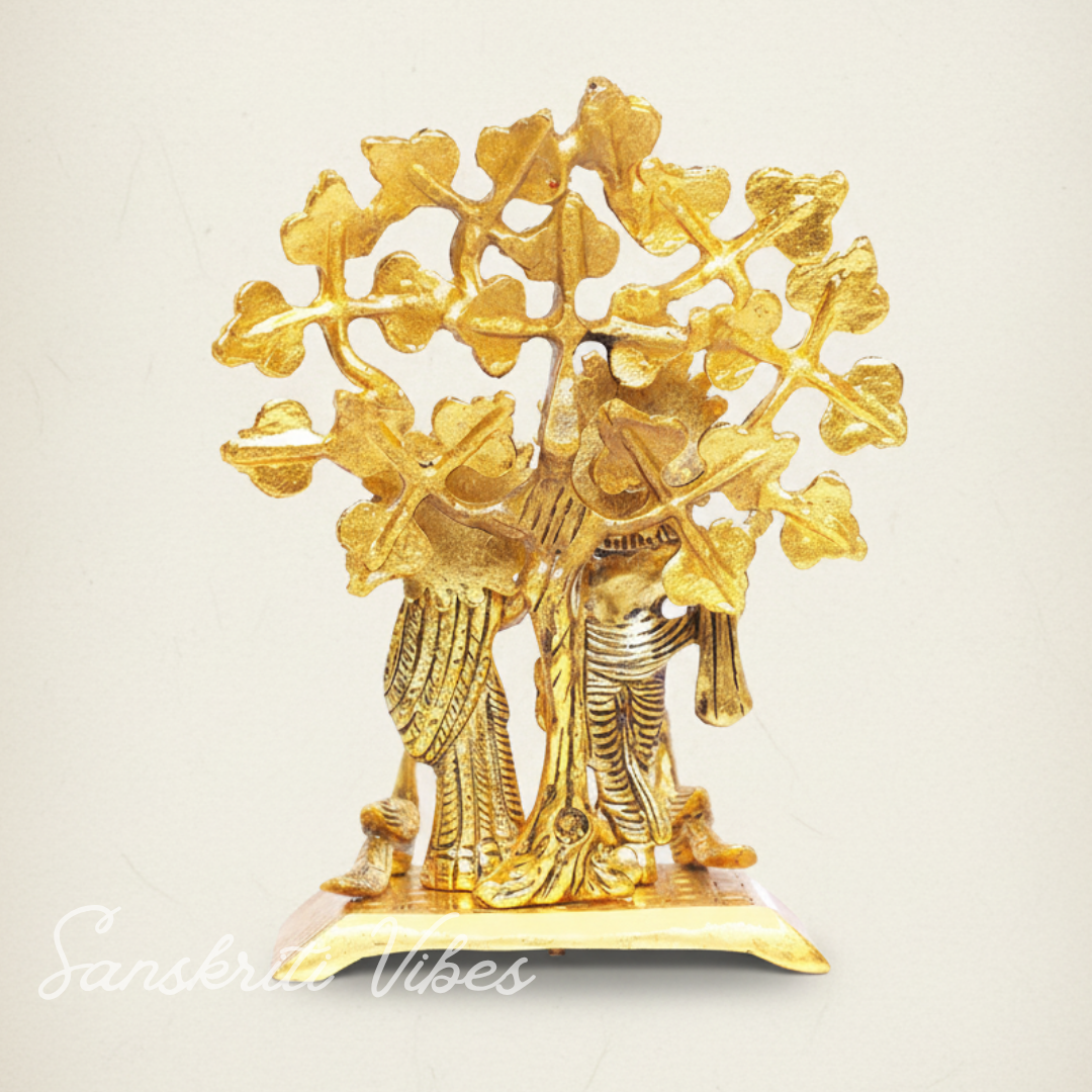 Handcrafted Radha Krishna Standing Playing Flute Under Tree Metal Statue Gold Antique Finish for Pooja and Home Decor by Sanskriti Vibes - Retail Maharaj