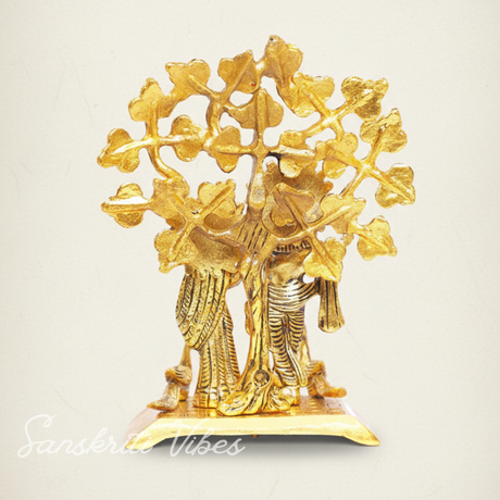 Handcrafted Radha Krishna Standing Playing Flute Under Tree Metal Statue Gold Antique Finish for Pooja and Home Decor by Sanskriti Vibes - Retail Maharaj