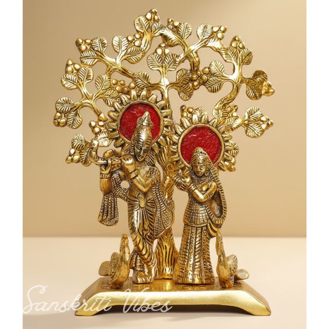Handcrafted Radha Krishna Standing Playing Flute Under Tree Metal Statue Gold Antique Finish for Pooja and Home Decor by Sanskriti Vibes - Retail Maharaj
