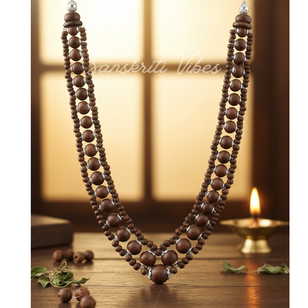 Traditional Chain / Band Pattern Designer Pure Shyama Tulsi Beads Kanthi Mala with Silver Caps – 92.5% Silver - Retail Maharaj