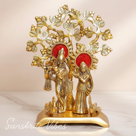 Handcrafted Radha Krishna Standing Playing Flute Under Tree Metal Statue Gold Antique Finish for Pooja and Home Decor by Sanskriti Vibes - Retail Maharaj