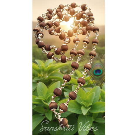 54+1 Silver Flower Capped Shayma Tulsi Beads Mala – 92.5% Silver for Wear and Japa - Retail Maharaj