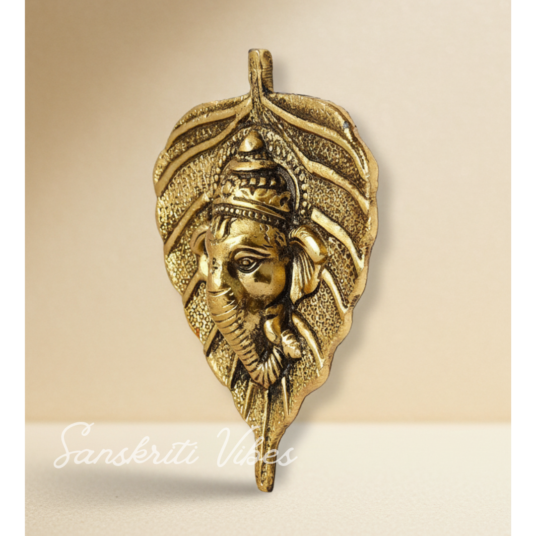 Metal Golden Ganesha on Leaf Wall Hanging Sculpture Ganpati Feng Shui Decorative Showpiece for Home and Office - Retail Maharaj