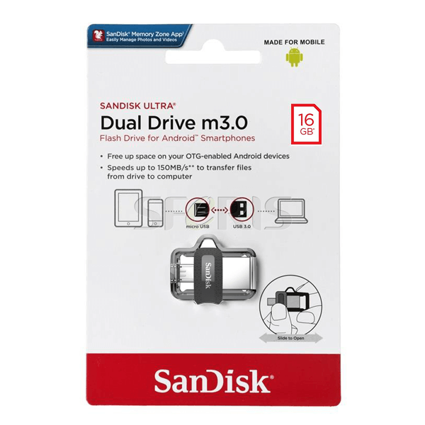 Sandisk OTG USB Flash Drive 16GB with Dual Micro USB and USB 3.0 - Retail Maharaj