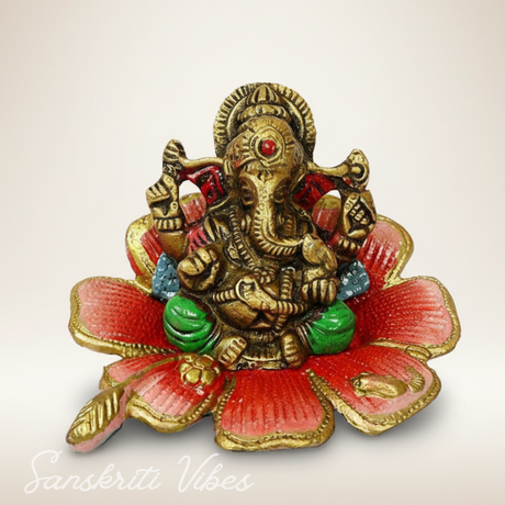 Metal Ganesh on Multicolor Leaf Decorative Showpiece for Home and Gift Purpose 12 x 12 x 8 cm - Retail Maharaj