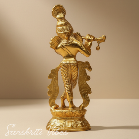 Handcrafted Krishna Playing Flute with Minakari Work Metal Statue Bansuri Krishna Idol for Home Decor and Pooja by Sanskriti Vibes - Retail Maharaj