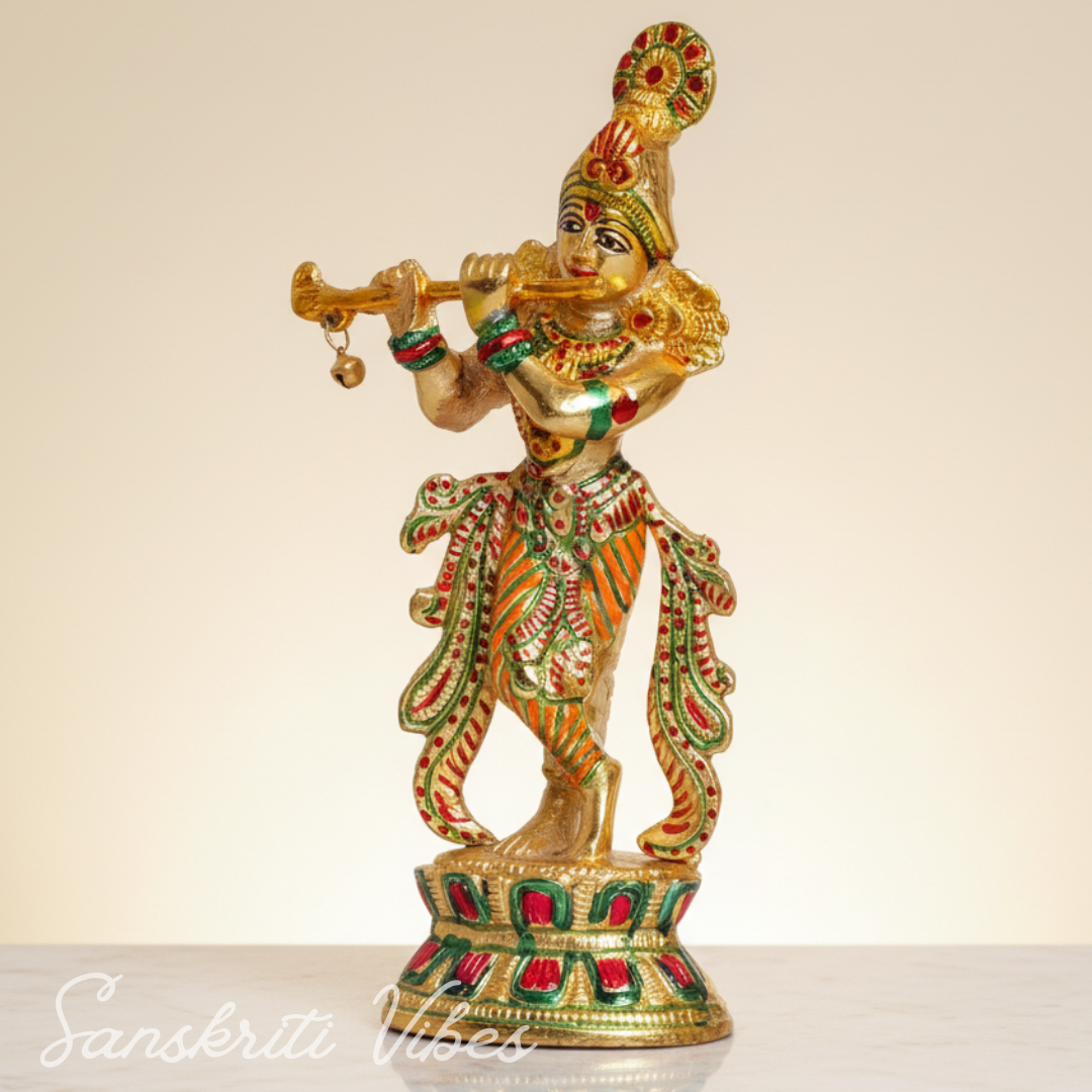 Handcrafted Krishna Playing Flute with Minakari Work Metal Statue Bansuri Krishna Idol for Home Decor and Pooja by Sanskriti Vibes - Retail Maharaj