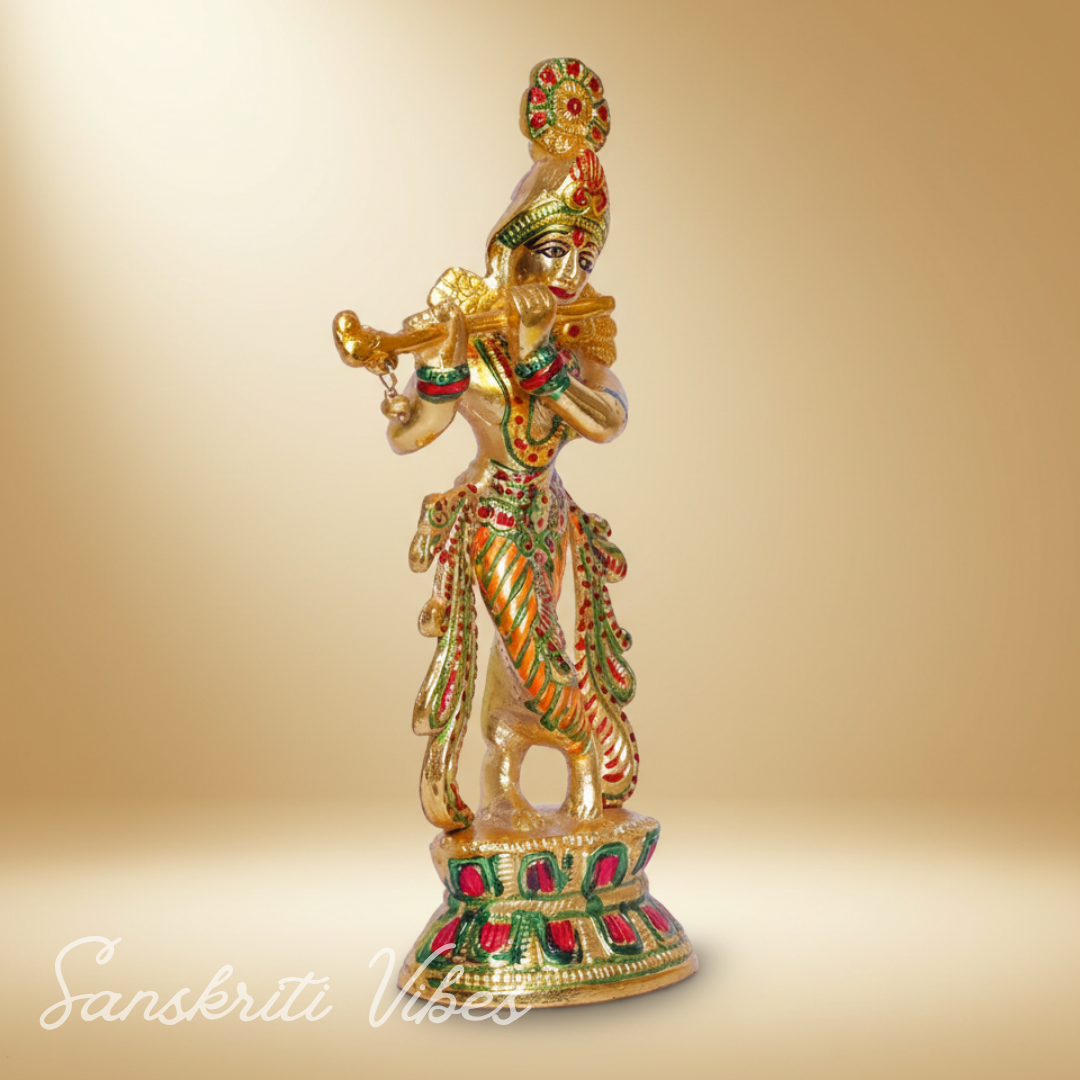 Handcrafted Krishna Playing Flute with Minakari Work Metal Statue Bansuri Krishna Idol for Home Decor and Pooja by Sanskriti Vibes - Retail Maharaj