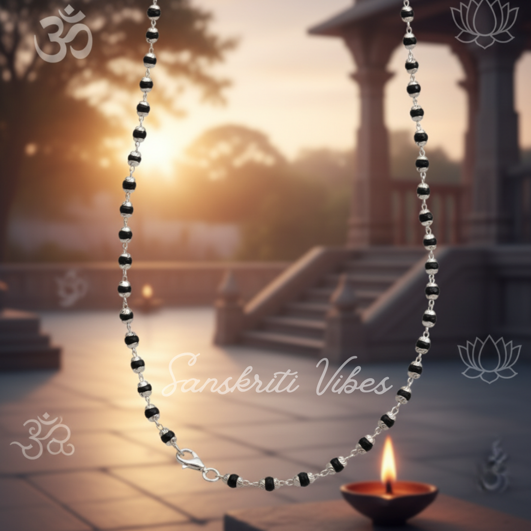18-Inch Sterling Silver Beautifully Designed Natural Black Tulsi Beads Mala – For Spiritual Wear and Meditation - Retail Maharaj