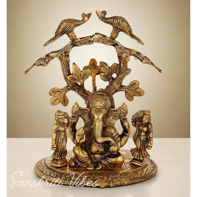 Ridhi Sidhi Ganesh Idol Sitting Under Tree Gold Oxidized Aluminium Ganesh Statue Handcrafted Home Decor Showpiece for Diwali and Auspicious Gifting - Retail Maharaj
