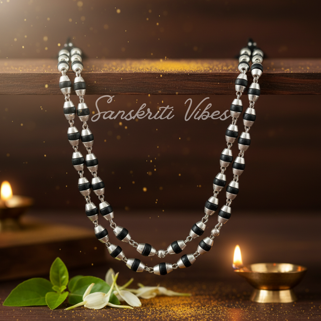 Tiny Beads Silver Black Tulsi Kanthi Mala – Handcrafted Lightweight Spiritual Necklace for Meditation & Devotion - Retail Maharaj