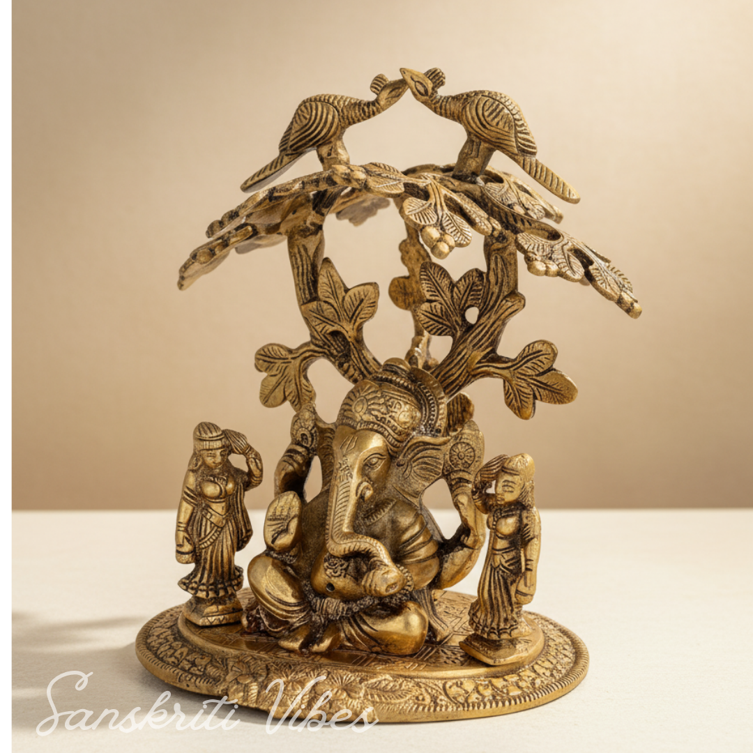 Ridhi Sidhi Ganesh Idol Sitting Under Tree Gold Oxidized Aluminium Ganesh Statue Handcrafted Home Decor Showpiece for Diwali and Auspicious Gifting - Retail Maharaj