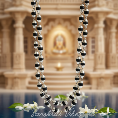 Silver & Natural Black Tulasi Basil Rosary Beads Chain – 24-Inch Handcrafted Spiritual Necklace for Meditation & Devotion (5.8 gm) - Retail Maharaj