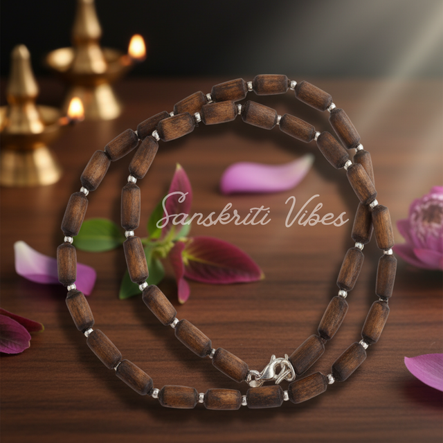 Natural Dark Brown Shyama Tulsi Beads Kanthi Mala with Silver Balls – Premium Handcrafted Spiritual Necklace for Meditation & Devotion - Retail Maharaj