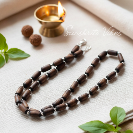Natural Dark Brown Shyama Tulsi Beads Kanthi Mala with Silver Balls – Premium Handcrafted Spiritual Necklace for Meditation & Devotion - Retail Maharaj