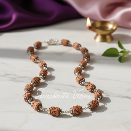 Radha Carved Silver Tulsi Kanthi Mala – Handcrafted Spiritual Necklace for Devotion & Meditation - Retail Maharaj