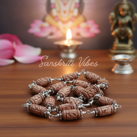 Radha Carved Silver Tulsi Kanthi Mala – Handcrafted Spiritual Necklace for Devotion & Meditation - Retail Maharaj