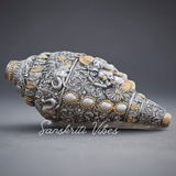 Decorative Lord Ganesha Shank Silver Toned Conch Shell for Wealth Prosperity and Good Luck Resin Ganesh Shank Showpiece for Home Decor - Retail Maharaj