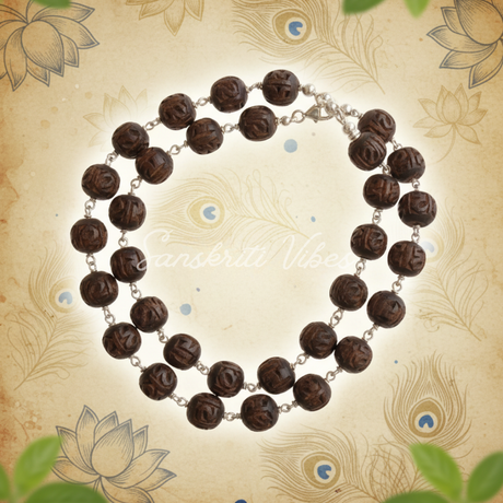 Radha Carved Silver Shyama Tulsi Beads Mala – Handcrafted Spiritual Necklace for Devotion & Meditation - Retail Maharaj