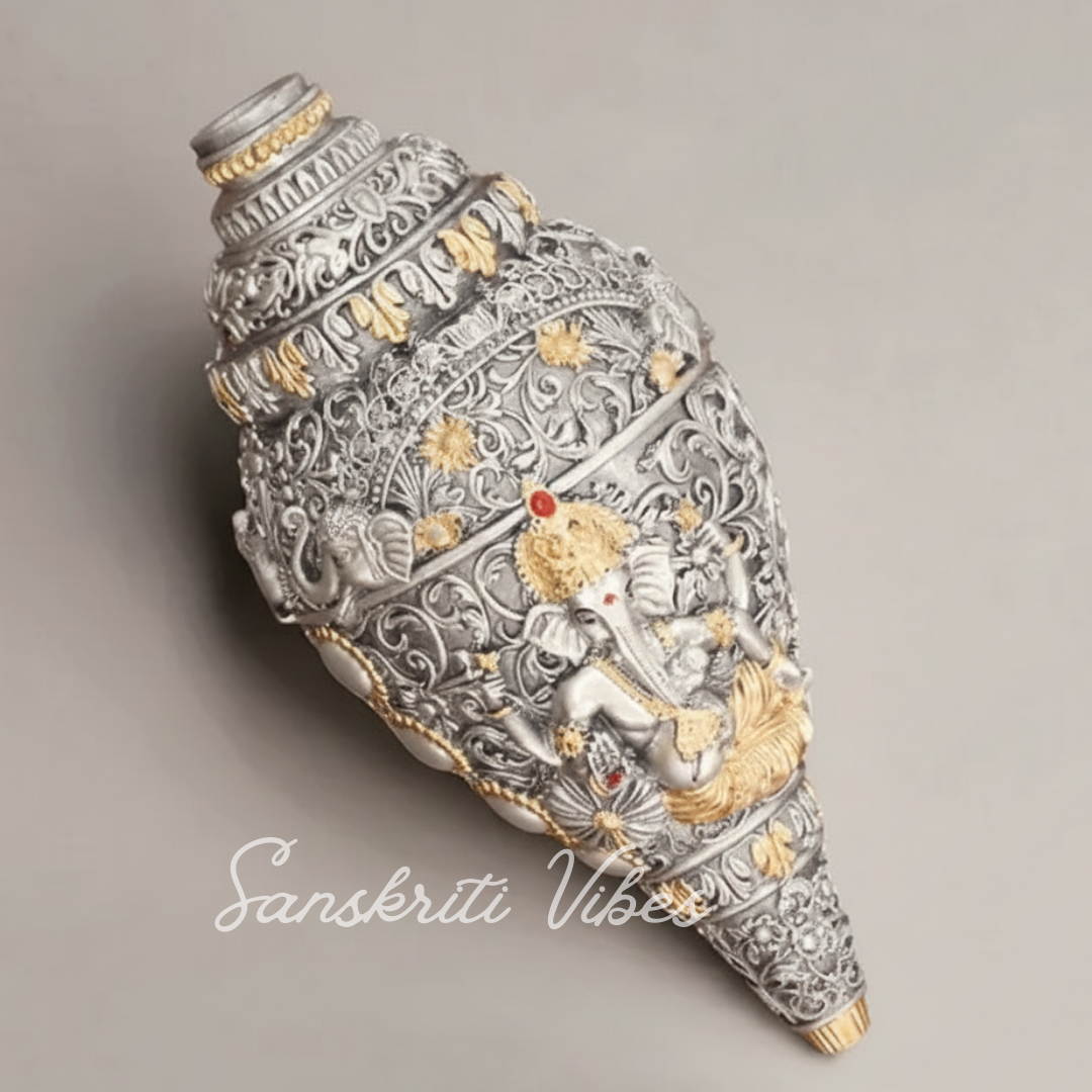 Decorative Lord Ganesha Shank Silver Toned Conch Shell for Wealth Prosperity and Good Luck Resin Ganesh Shank Showpiece for Home Decor - Retail Maharaj
