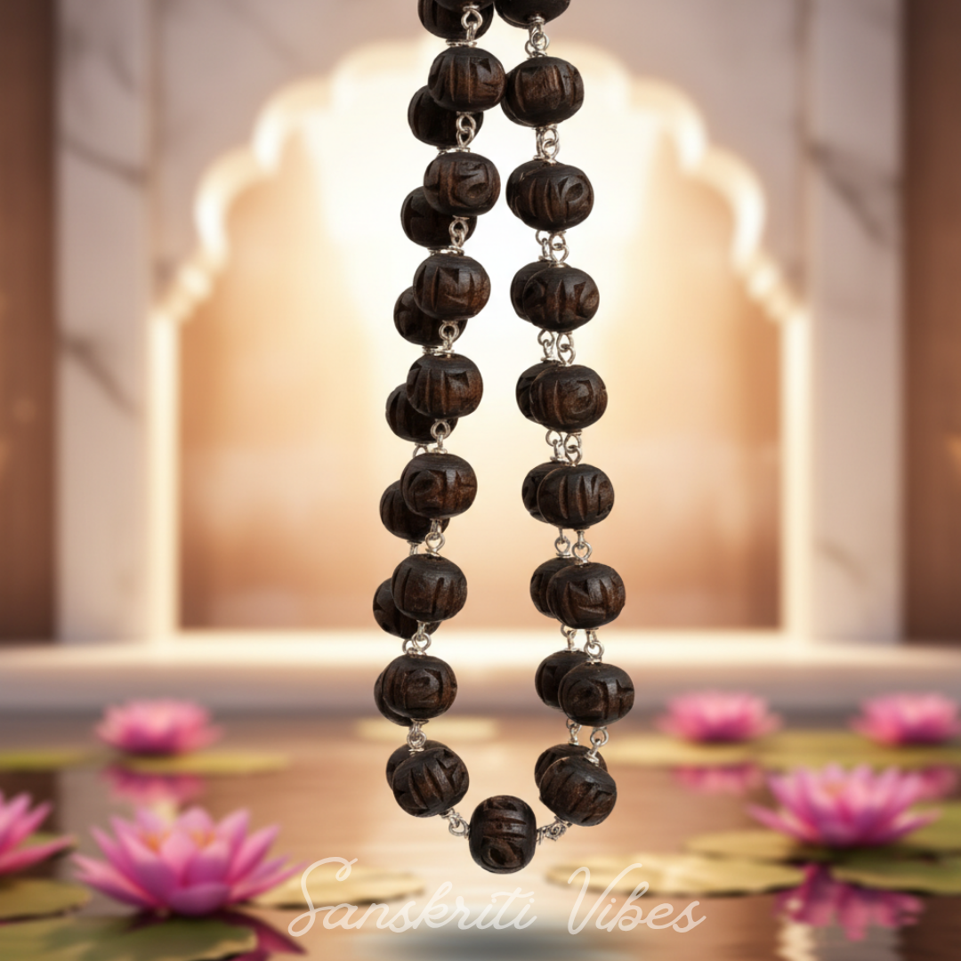 Radha Carved Silver Shyama Tulsi Beads Mala – Handcrafted Spiritual Necklace for Devotion & Meditation - Retail Maharaj