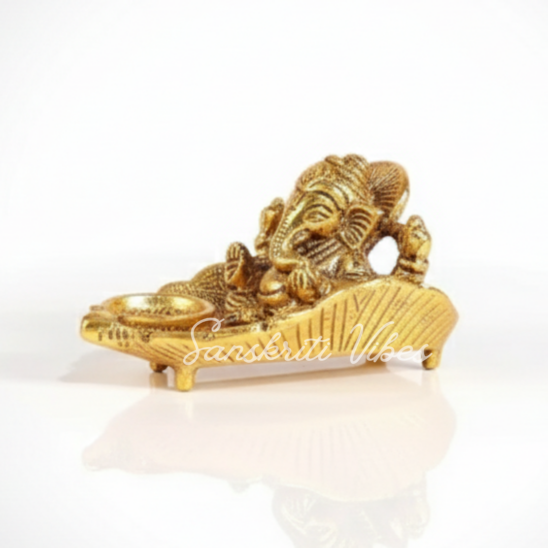 Metal Ganesha Statue with Diya – Handcrafted Aluminium Ganpati Idol for Home Decor, Puja & Auspicious Gifting (Glossy Finish, Made in India)