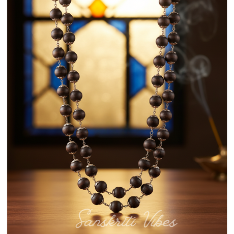 Handcrafted 92.5 Silver Shyama Tulsi Kanthi Mala with Flower Silver Cap – Traditional Vaishnav Tulsi Necklace for Spiritual Protection - Retail Maharaj