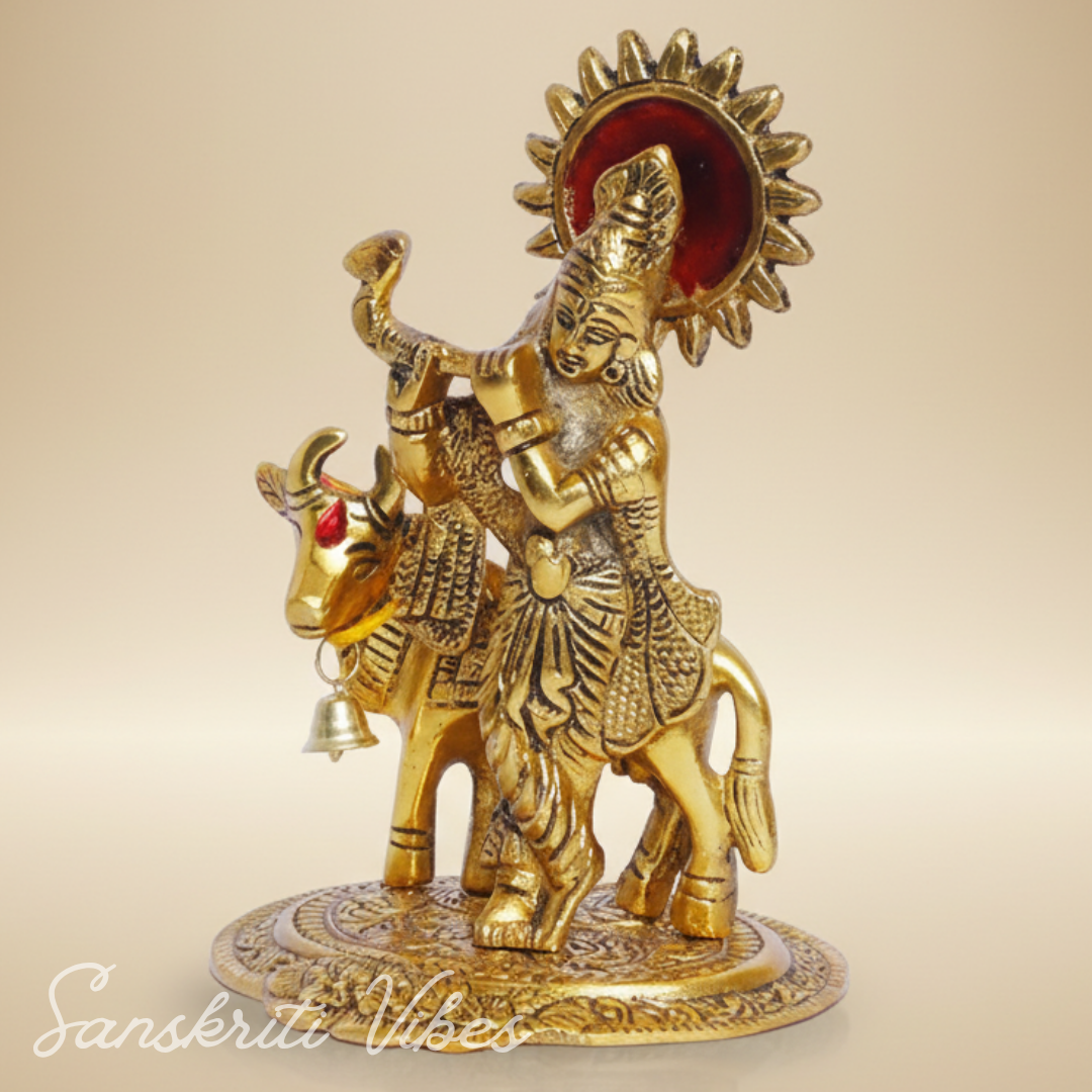 Lord Krishna with Cow Metal Statue for Home Decor and Spiritual Gifting Aluminium Showpiece - Retail Maharaj