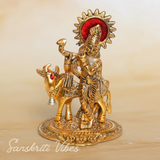 Lord Krishna with Cow Metal Statue for Home Decor and Spiritual Gifting Aluminium Showpiece - Retail Maharaj